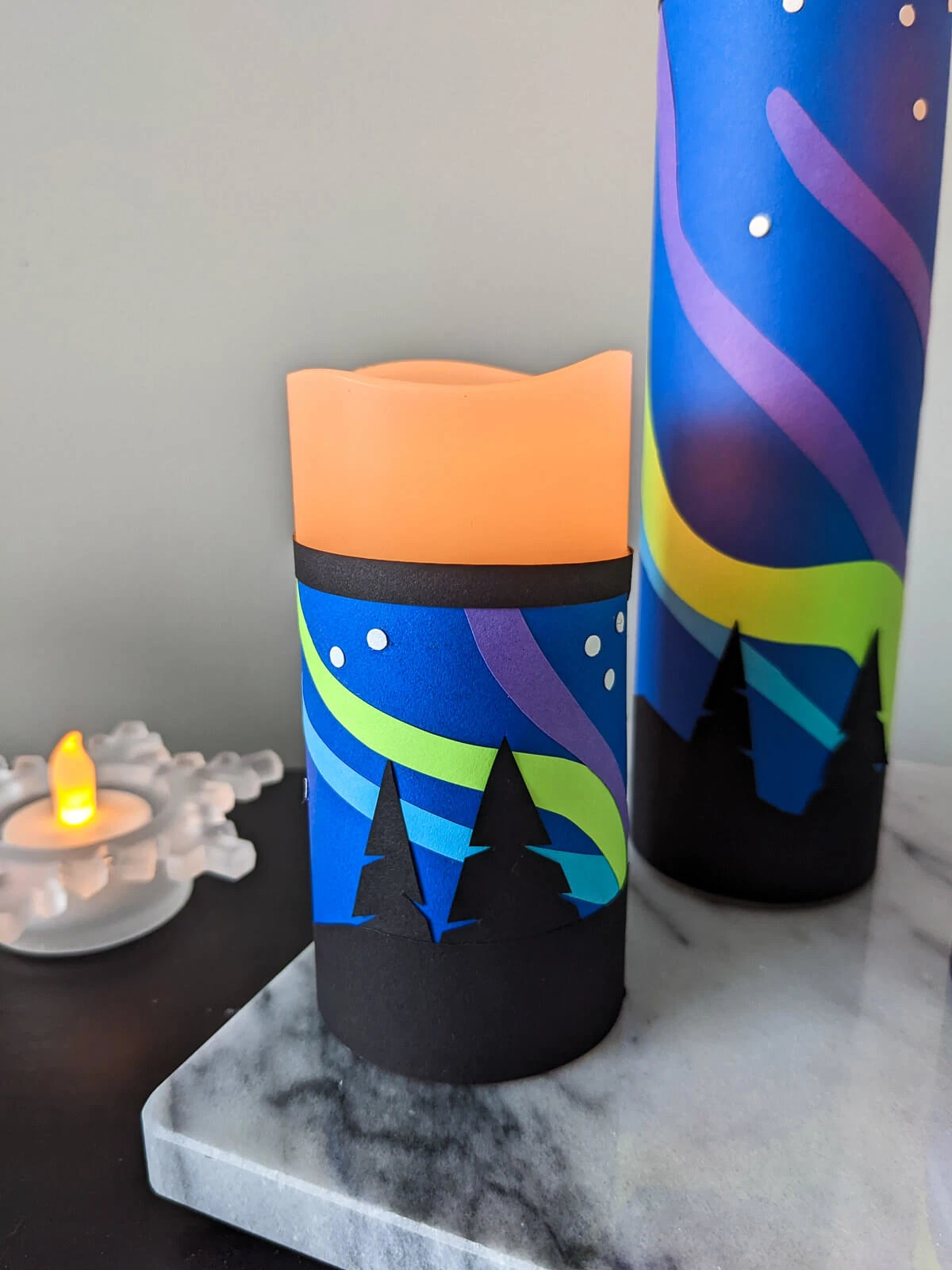 Northern Lights DIY candle wraps on battery-operated candles