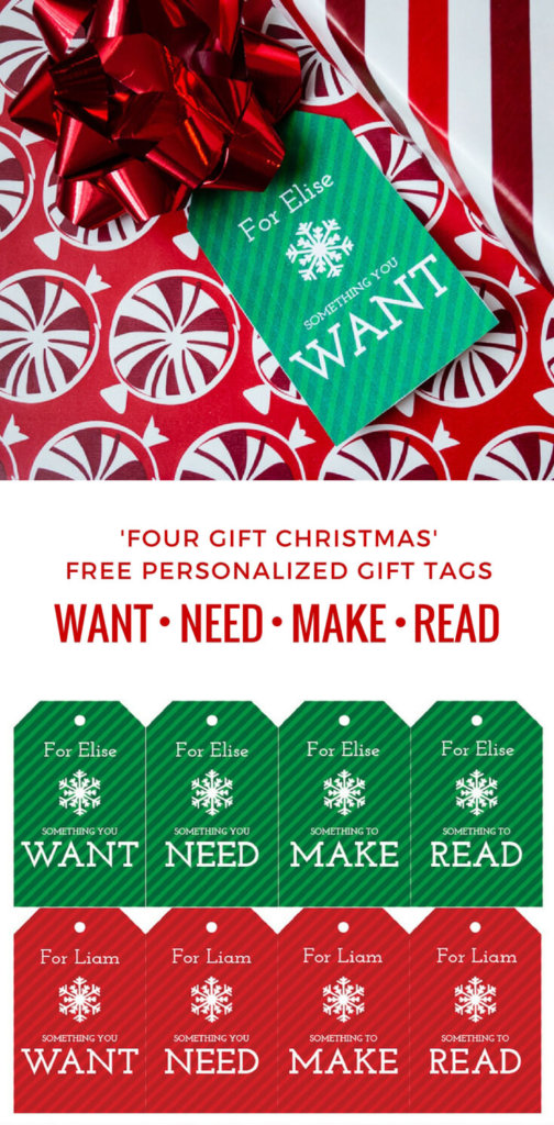 'Four Gift Christmas' free printable gift tags: Want, Need, Make, Read