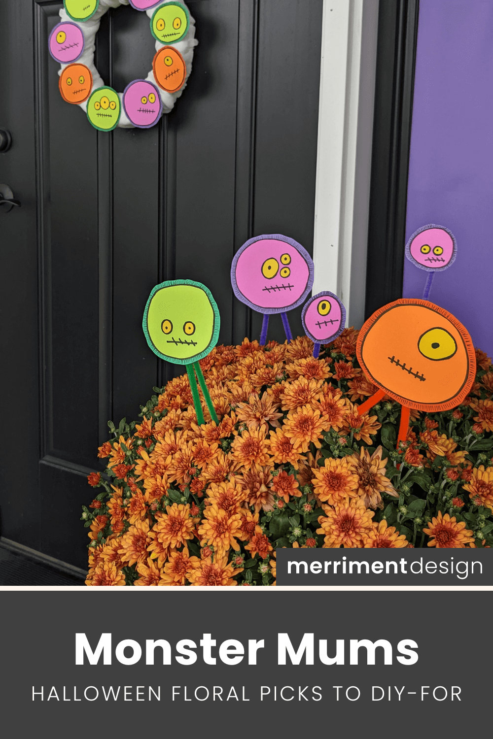 DIY Halloween floral picks with a silly monster faces in mums flowers