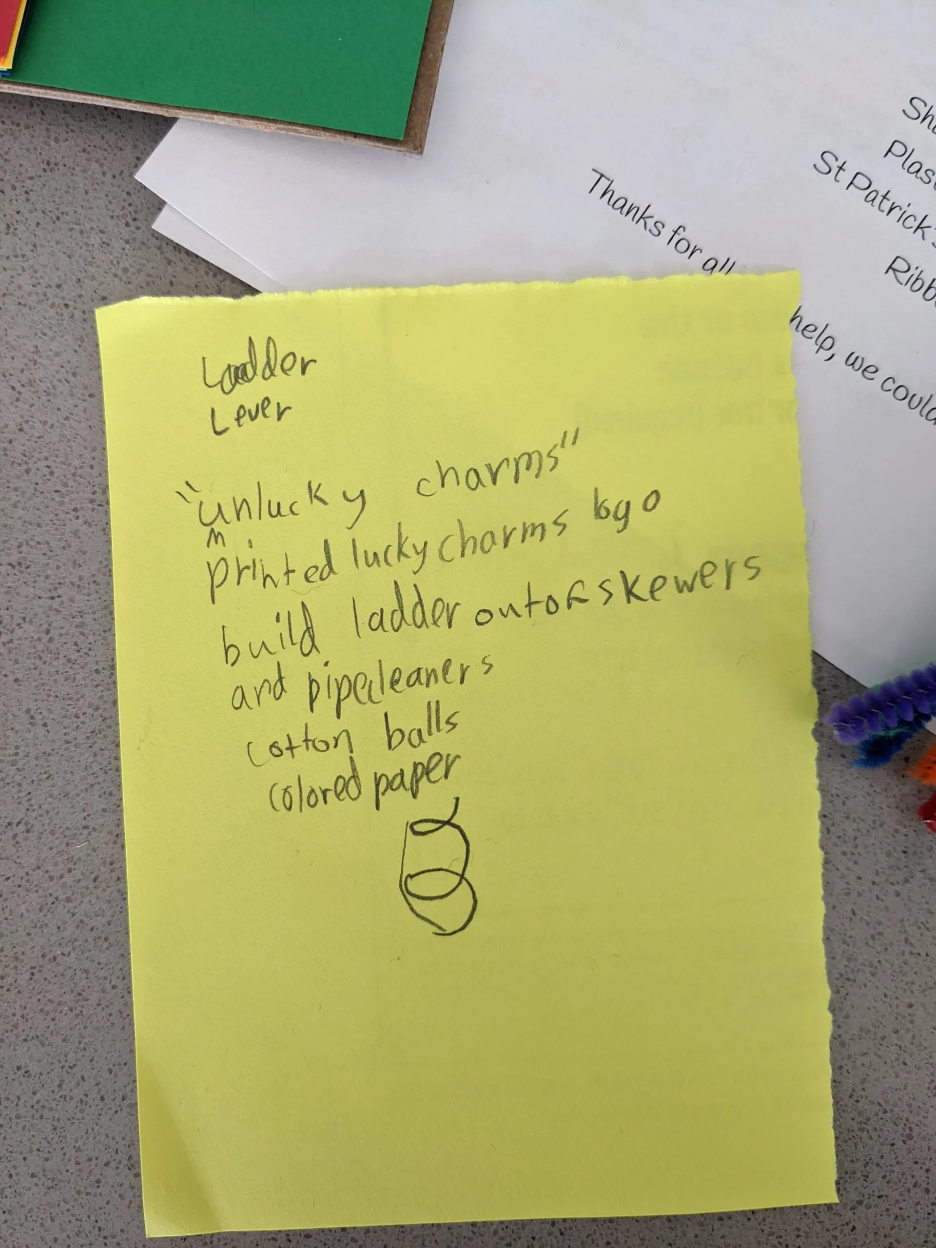 My kid's written plan for making a leprechaun trap