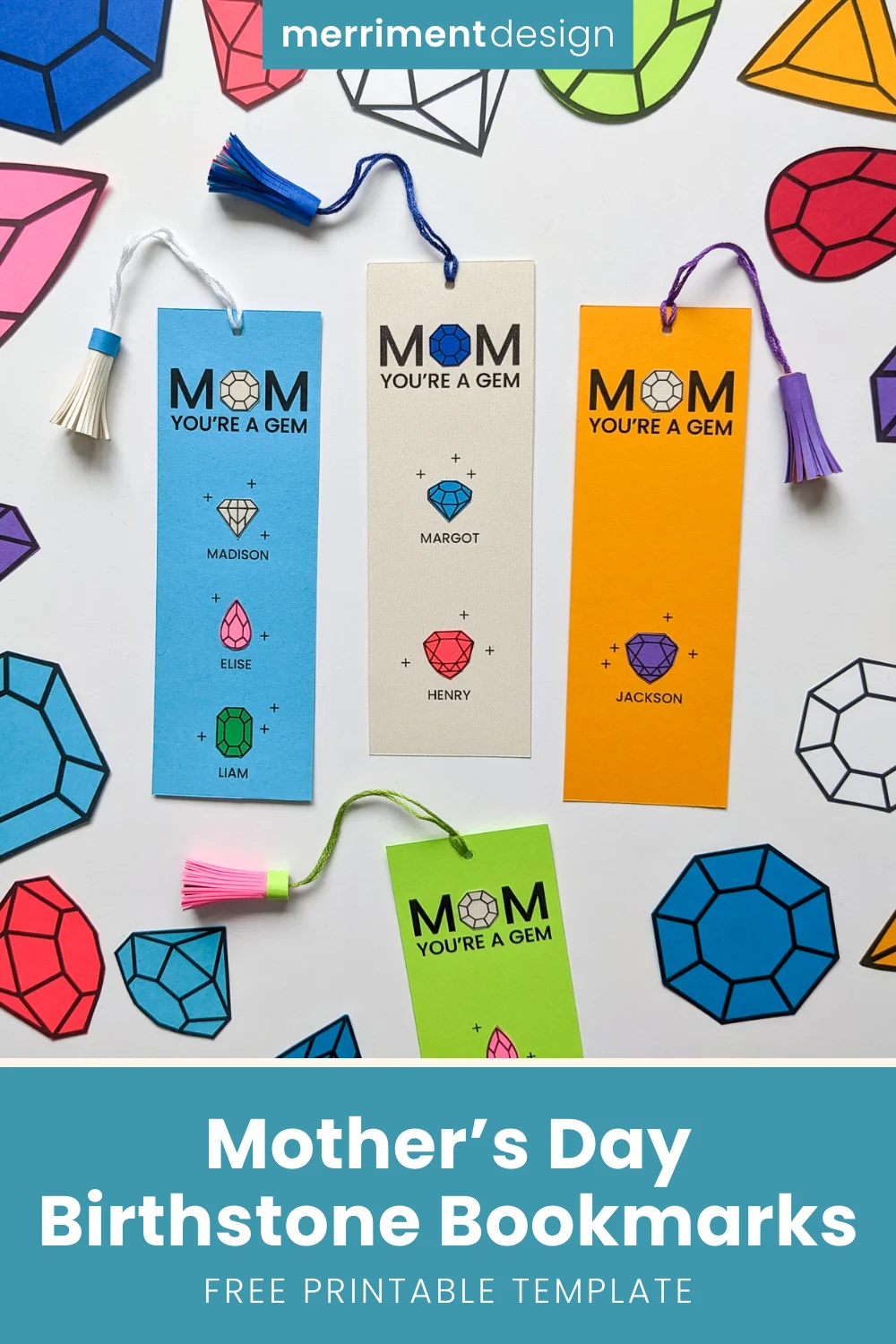 Birthstone Mother's Day bookmarks personalized with Mom's children's names and birthstone gem colors