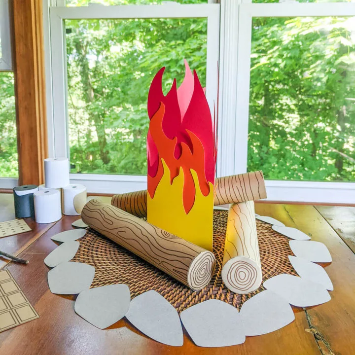 DIY s'mores campfire pretend play set made from paper and upcycled cardboard paper tubes