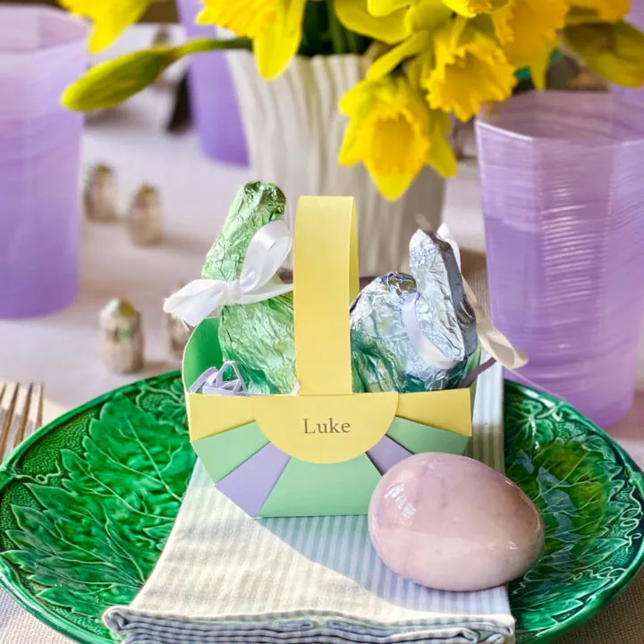 DIY Easter place cards on an elegant pastel Easter table