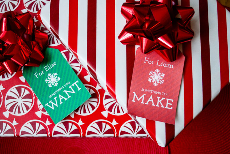 Free printable Four Gift Christmas gift tags in blue: Want, Need, Make, Read - Merriment Design