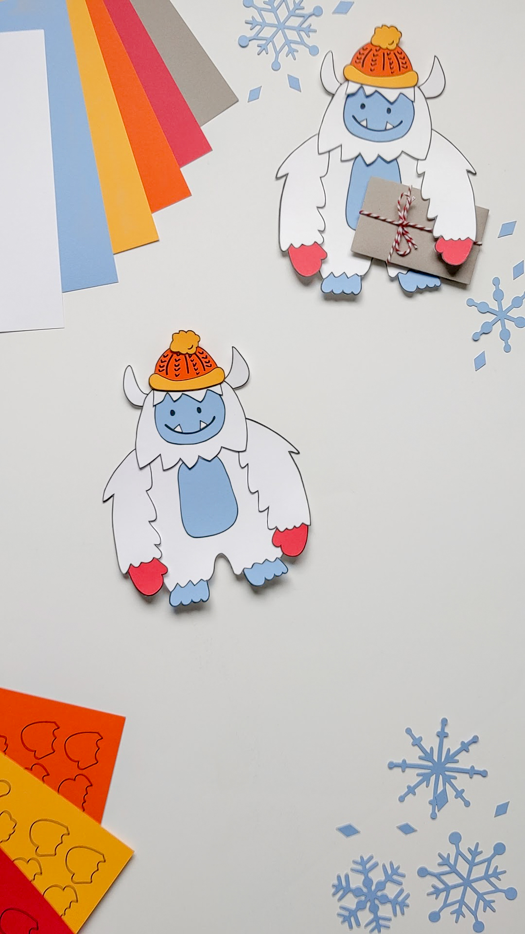 Paper Yeti craft project featuring an abominable snowman holding a gift card